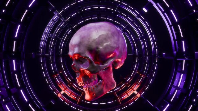 Human skull rotating inside glowing neon circle portal futuristic motion graphics high tech animation.