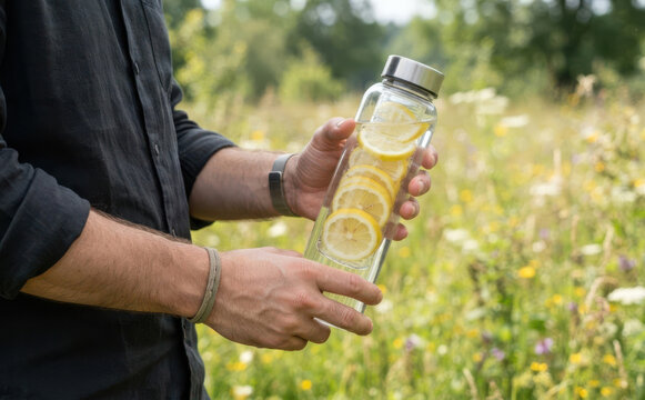Young adult man holding a glass water bottle with lemon slices in a nature meadow