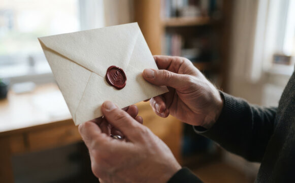 Person holding a vintage envelope sealed with red wax in a room, representing a secret message and traditional mail communication