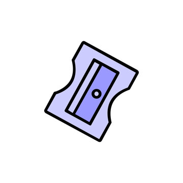A clean, minimalist vector graphic and logo design of a light purple pencil sharpener with a black outline, angled slightly against a plain white background.