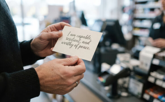 Middle-aged man holding an inspirational affirmation note card with positive self-talk message in store