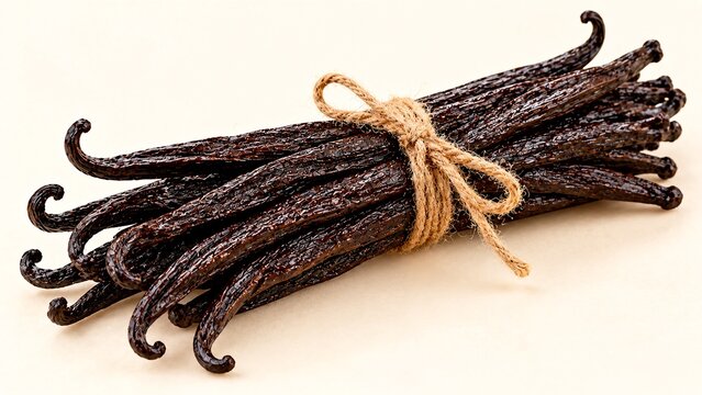 Bundle of glossy premium vanilla beans loosely tied with simple natural twine, isolated on warm cream background