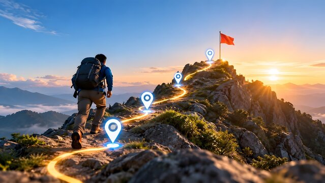 Hiker with backpack ascending a rocky mountain path marked by glowing location pins towards a red flag on the summit at sunrise symbolizing achievement and goal setting.
