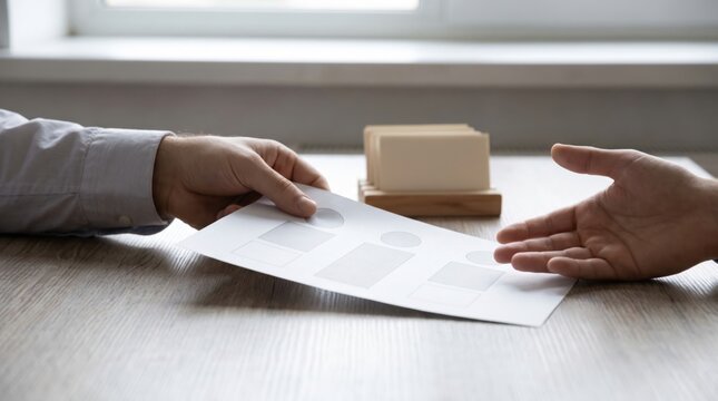 cross functional agile team concept. Two people discussing a wireframe design on paper at a wooden table.