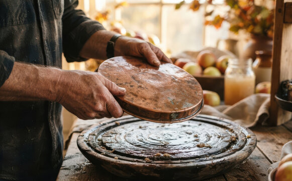 Middle aged male craftsman making artisan apple cider press equipment in rustic workshop