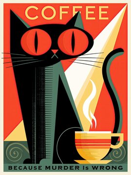 Vintage style poster of a black cat with a steaming cup of coffee in a geometric art layout