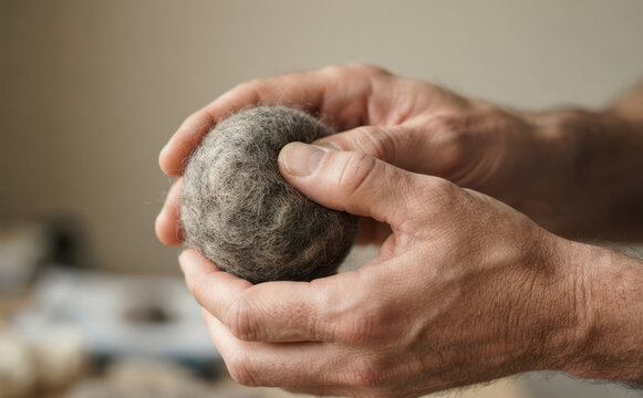 Adult male hands shaping a handmade grey wool dryer ball for eco friendly laundry care