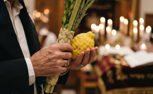 Man holding lulav and etrog during sukkot festival celebration in synagogue with candles