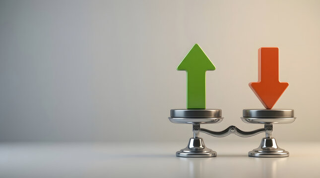 Conceptual 3D illustration of a balance scale with green up arrow and red down arrow representing financial stability, market volatility, profit and loss comparison, and business risk management.