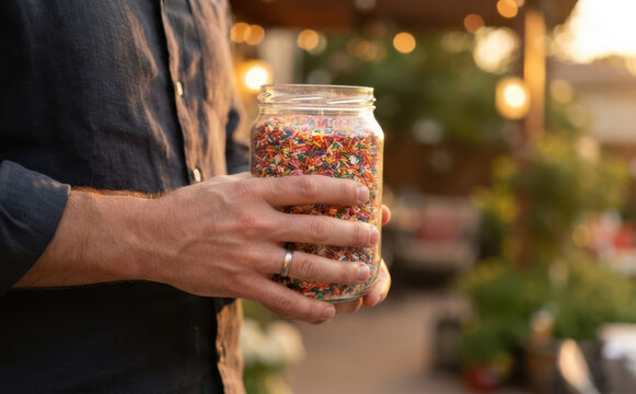 Man holding glass jar filled with colorful sprinkles outdoors