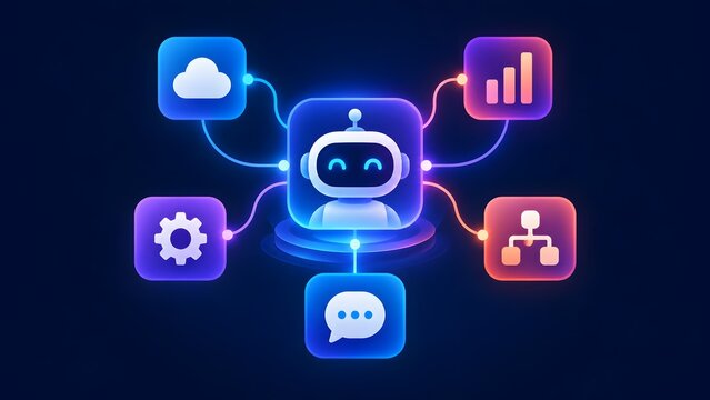 AI chatbot robot with glowing icons representing cloud settings analytics and organization connected by digital lines on a dark background symbolizing artificial intelligence and automation