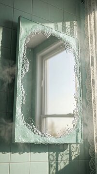 Steamy bathroom mirror with soap foam frame and mint green tiles