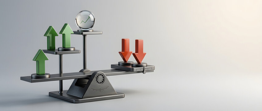 Conceptual 3D illustration of a balance scale with green upward arrows and a crystal ball outweighing red downward arrows, representing financial growth, stock market success, and profit analysis.