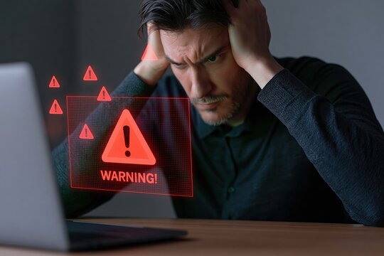 Man feeling stressed at laptop with cyber security warning alert showing system failure error