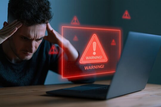 Hacker attack on laptop causing stress and frustration with digital security warning alert icon