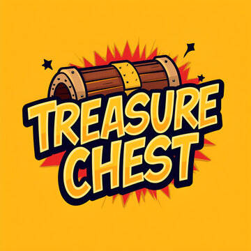Cartoon style illustration of a wooden treasure chest with bold typography on a yellow background.
