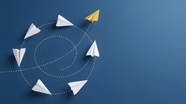 A golden paper plane breaking away from a circle of white planes on a blue background, representing leadership, individuality, innovation, and the courage to pursue a new path in business.