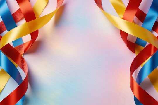 Symmetrical arrangement of glossy foil ribbons in vibrant red, yellow, and blue hues, intertwined with delicate paper serpentine streamers.