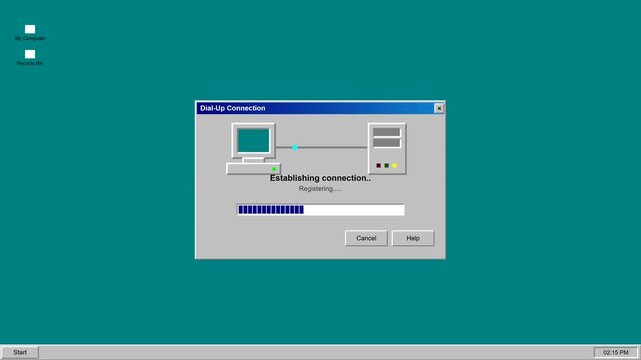 A 4K retro 95 98 dial-up connection simulation. Features a computer connecting to a server box, Establishing connection... and Registering... text, a classic segmented loading bar