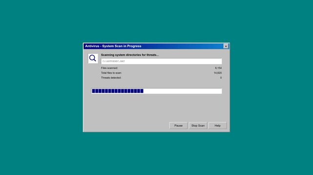 A 4K retro style generic antivirus scanning simulation without brand names. Features classic gray dialog windows, file path directory text, progress bar, virus threat counter and warning