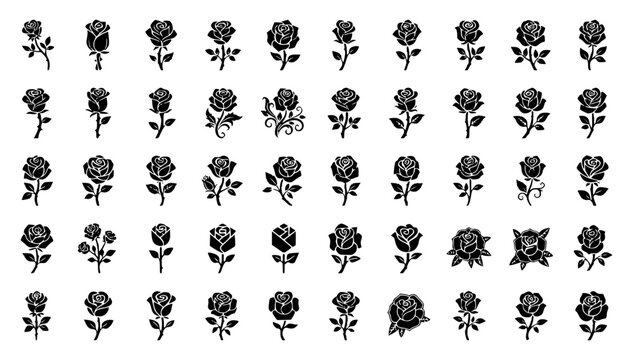 Collection of various stylized rose silhouettes arranged set with simple line art design featuring simple design, minimalist, black and white with illustrations and graphics