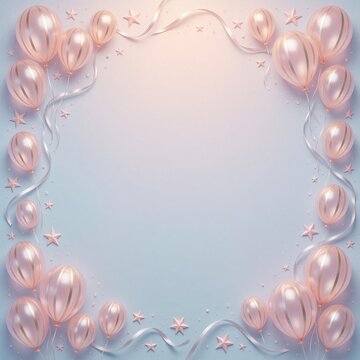 A decorative frame border of rose gold balloons, silver ribbons, and pastel stars encircles an empty center space.