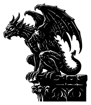 Solid black silhouette of a stone gargoyle gothic architect set with simple line art design featuring simple design, minimalist, black and white with illustrations and graphics