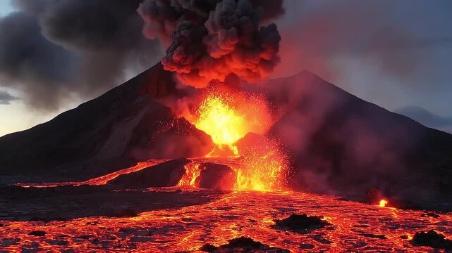 Explosive volcanic eruption with glowing molten lava flow and ash cloud at twilight mountain peak