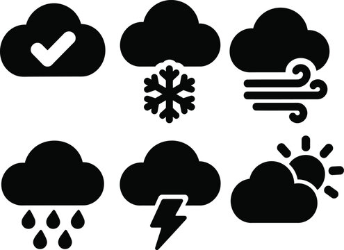 Weather icons set including sunny cloudy rainy snowy and stormy conditions