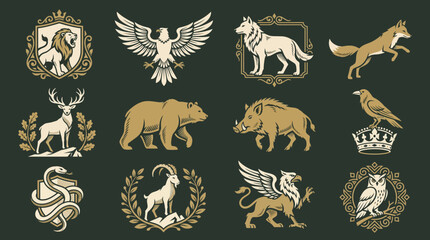 Obraz premium Heraldic Animal Crests Vector Set featuring Lion, Eagle, Wolf, Bear, and Deer Logo Icons; Vintage Wildlife Badges for Luxury Branding, Coat of Arms Design, and Royal Emblems.