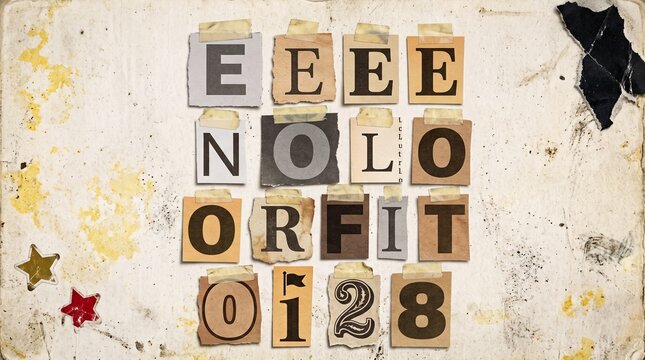 Collage of cut out letters and numbers taped to a textured paper background forming a ransom note style arrangement with paper secured tape