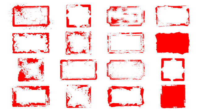 A collection of red, distressed, rectangular border stamps, some with rough, textured edges and others with more defined, chipped frames, presented against a clean white backdrop.