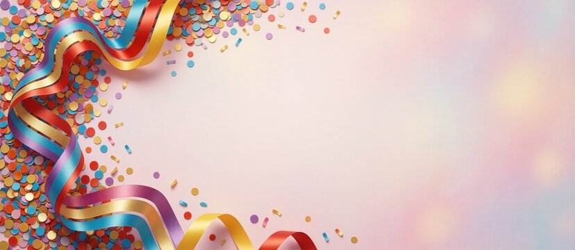 A dense decorative group of colorful ribbons and shiny confetti, made of silk and plastic, against a soft pink background with studio lighting.