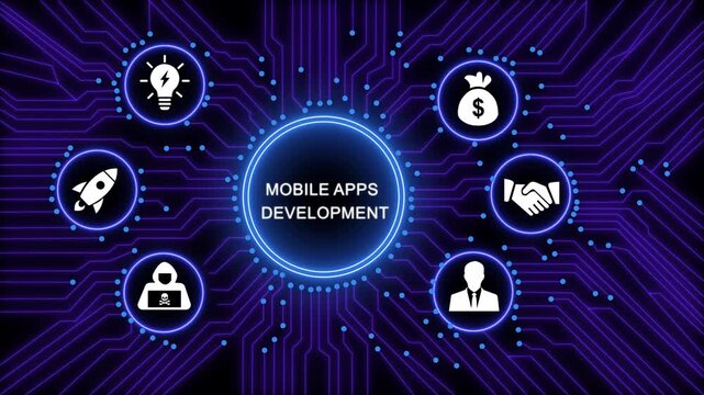 Mobile apps development concept featuring digital circuit board background, with glowing for, startup growth, business, strategy, cybersecurity, innovation, and modern software, engineering solutions