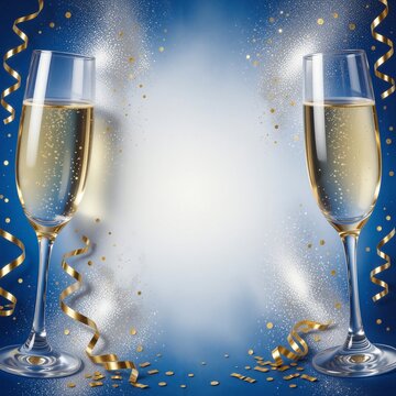 Two elegant champagne flutes with gold rims stand against a deep blue shimmering background, decorated with gold confetti and ribbons.