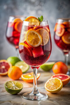 Sparkling sangria with citrus slices in glass, red beverage with ice. Orange, lemon, lime, mint garnish enhance sparkling sangria with citrus slices.