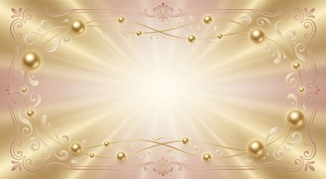 Elegant commercial illustration featuring a wide decorative frame with gold ornaments, glowing spheres, and connecting lines against a radiant gold and pink gradient background.