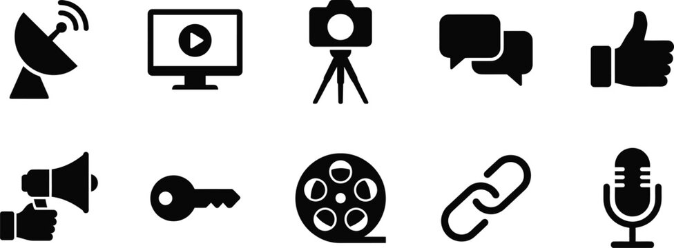 Collection of black silhouette icons representing various media and communication technologies