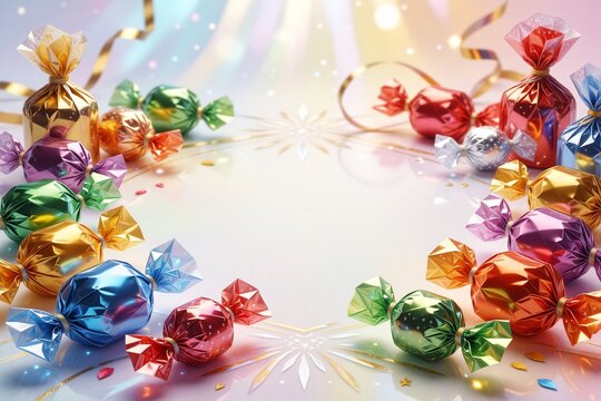 A vibrant, glossy arrangement of foil-wrapped candies and metallic ribbons, creating a festive, luxurious holiday display.