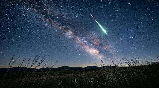 Bright meteor streak over Milky Way galaxy and hills at night