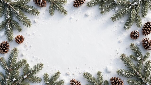 Christmas wreath made of fir branches and cones resting on a blanket of fresh snow, evoking a winter wonderland feel