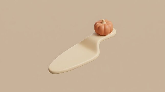 Minimalist orange pumpkin resting elegantly upon sleek ceramic cake server against neutral beige background