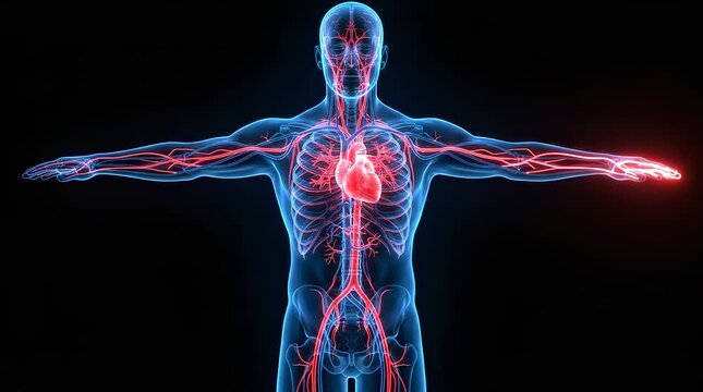 Blood circulation pulsing through human body anatomy