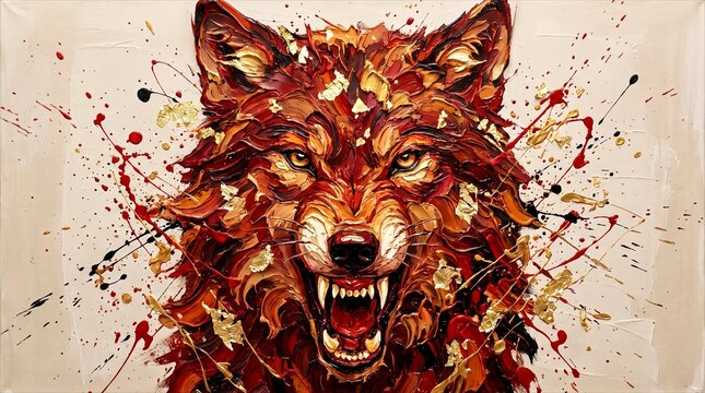 Symmetrical Front View Abstract Red Wolf Impasto Painting