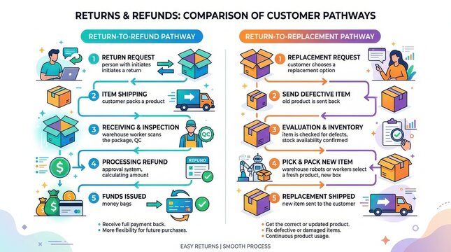 Detailed infographic showing customer pathways for returns and refunds versus replacements in online retail business operations