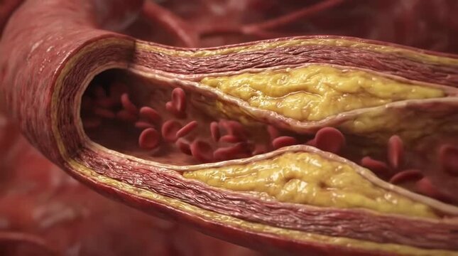 Blood flowing through a clogged artery with plaque buildup