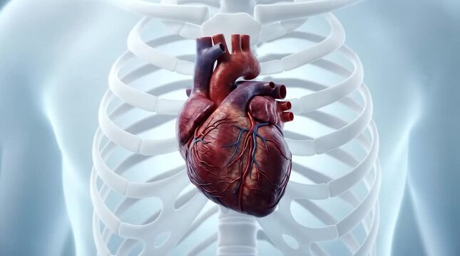 Human heart beating inside ribcage