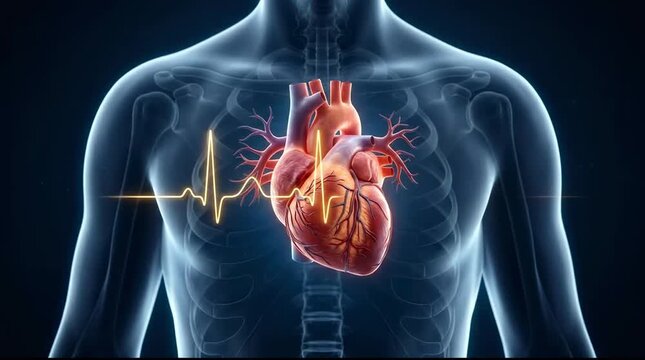 Human heart beating with electrocardiogram rhythm