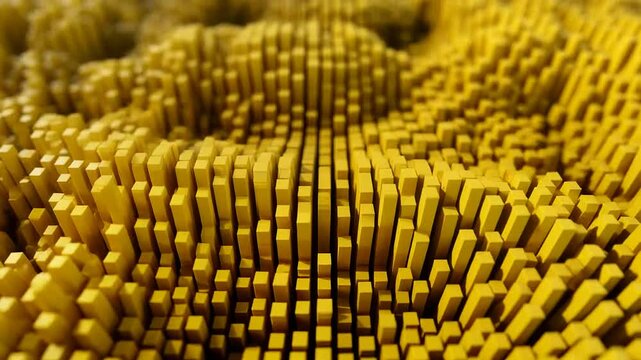 Abstract 3D motion graphic featuring golden cubic pillars oscillating in a wave pattern formation 4K Generative AI