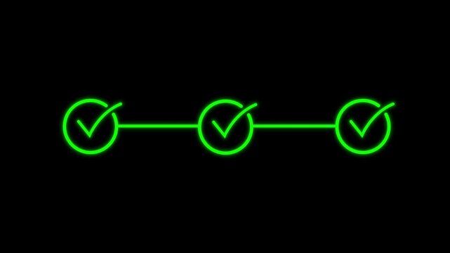 Glowing neon green 3 step progress bar animation with checkmark symbols with transparent alpha channel 4K